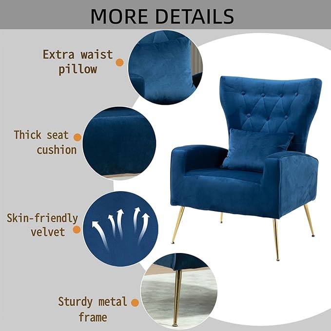 X-VOLSPORT Button-Tufted Velvet Accent Chairs Set of 2 Mid Century Modern Living Room Chair with High Wingback Upholstered Arm Chair with Metal Gold Legs for Bedroom Club Navy Blue