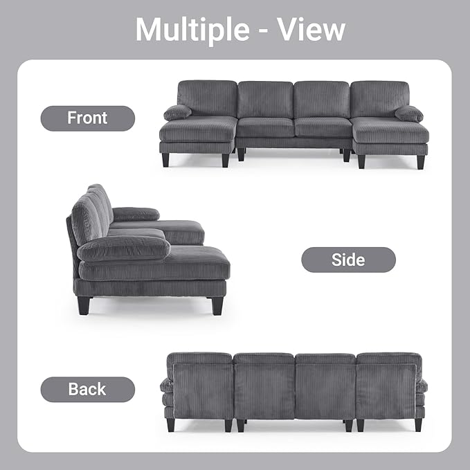 VINGLI 110 Sectional Couches for Living RoomU Shaped Couch with Double Chaise 4-Seat Sofa Set with Corduroy Fabric for Home FurnitureGrey