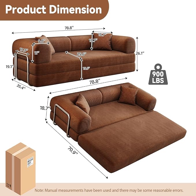 78.8 Modern Convertible Floor Sleeper Sofa Bed Corduroy Modular Boneless Couch with Silver Fixed-Shape Frame No Assembly Futon Cloud Loveseat with Pull-Out Bed for Living Room (Brown)
