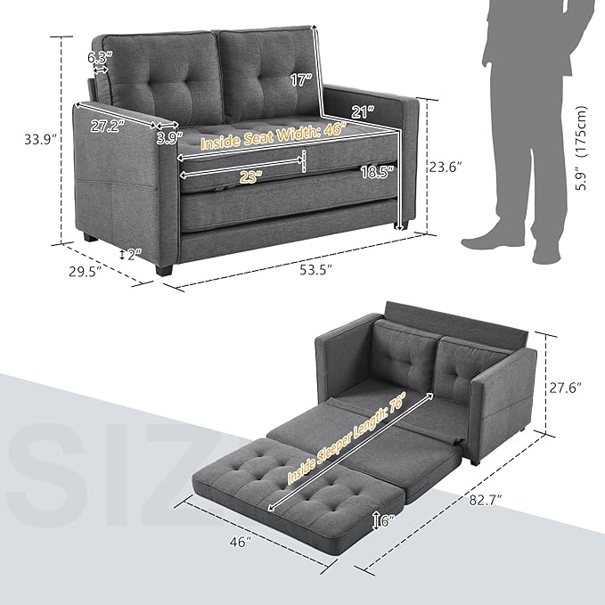 VINGLUpgraded Loveseat Sleeper 53.5W 83L Convertible Sofa Bed Couch Futon Couches for Living Room Twin Folding Couch Bed for Small Spaces Foldable Floor Gaming Sofa Bed for Basement Dark Grey