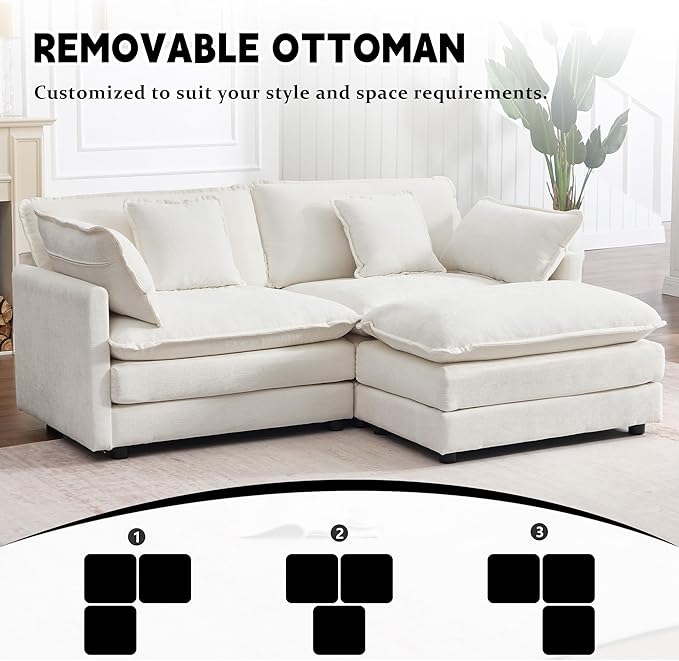 GNIXUU 76.7 White L Shaped Comfy Chenille Modular Cloud Sofa Modern 2 Seater Couch with Movable Ottoman Deep Seat Sofa with 4 Pillows for Living Room Apartment Small Places