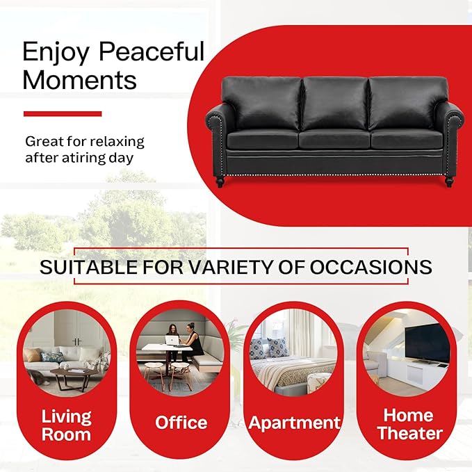 84'' Black Faux Leather 3-Seater Office Couch with Rivet Rolled Arms Modern Mid-Century Sofa for Living Room Apartment and Office. Easy Assembly (Black PU One Sofa)