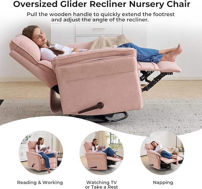 Oversized Recliner Chair 26 Extra Wide 360° Swivel Rocker Recliner with Adjustable Headrest Chenille Glider Rocking Nursery Chair with Overstuffed Armrest Lumbar Support Pink