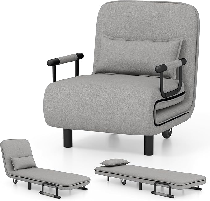 Giantex Convertible Sofa Bed 3-in-1 Folding Sleeper Chair with 5-Position Adjustable Backrest Wheels 2 Legs Recliner Chaise Lounge with Pillow Armchairs for Nursery Living Room (Light Gray)