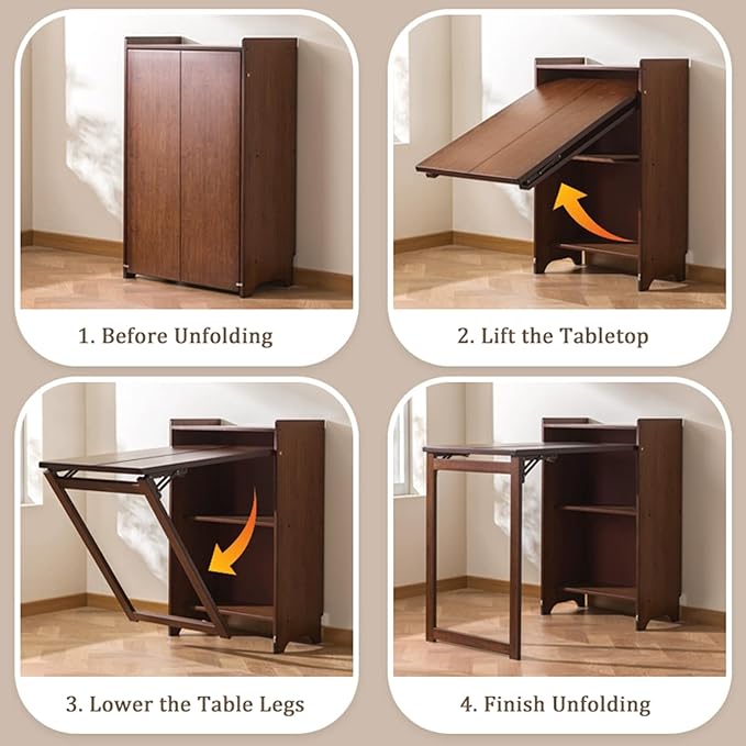 Bamboo Folding Desk with Bookshelf Fold-Out Convertible Writing Table Home Office Desk Storage Cabinet Vanity Table Compact Computer Workstation for Bedroom Living Room Kitchen Office