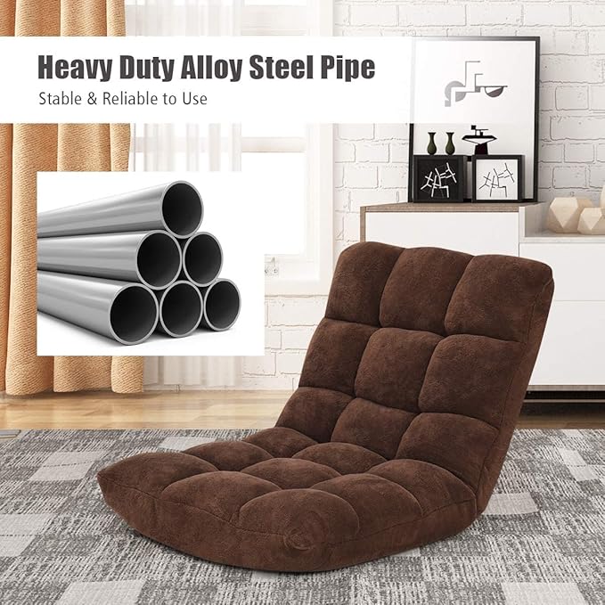 S AFSTAR Cushioned Floor Chair 14-Position Adjustable Padded Lazy Recliner with Comfortable Back Support and Skin-Friendly Cover Great for Reading Playing Game Meditating (Dark Coffee)