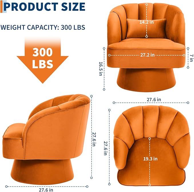 Swivel Barrel Chair - Velvet Upholstered Modern Armchair with Striped Backrest &amp Plush Padding Round Lounge Chair for Living Room Bedroom (Orange-Velvet-(2 Pcs))