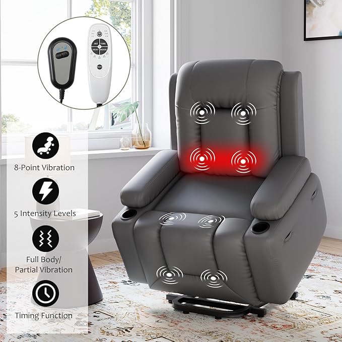 PU Leather Power Lift Recliner Chair Faux Leather Recliner Chair Sofa with Massage and Heat Remote Control Electric Stand Assist for Elderly and People Limited MobilityGrey