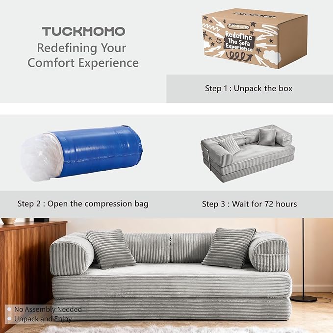 76.77 Inch Convertible Sofa Bed Modern Corduroy Futon Boneless Couches Lounge Loveseat with Side Storage Pocket Pull Out Sofa Bed for Living Room Bedroom No Assembly Required Grey