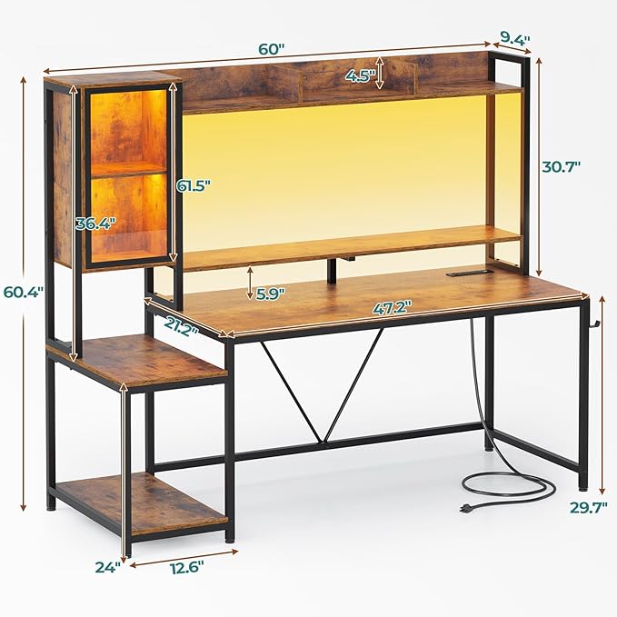 SEDETA Gaming Desk 60'' Gaming Desk with Hutch and LED Lights Computer Desk with Storage Shelves Large PC Gamer Desk with Display Cabinet Monitor Stand Power Outlet for Home Office Rustic Brown