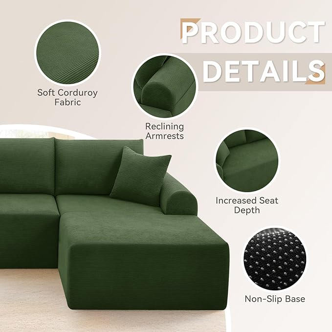 103 Modular Sectional Sofa with Chaise Cloud Sectional Couch with Deep Seat Modular L-Shape Sofa Corduroy Boneless Couch for Living RoomBedroomNo Assembly Required(Green Right Facing Chaise)