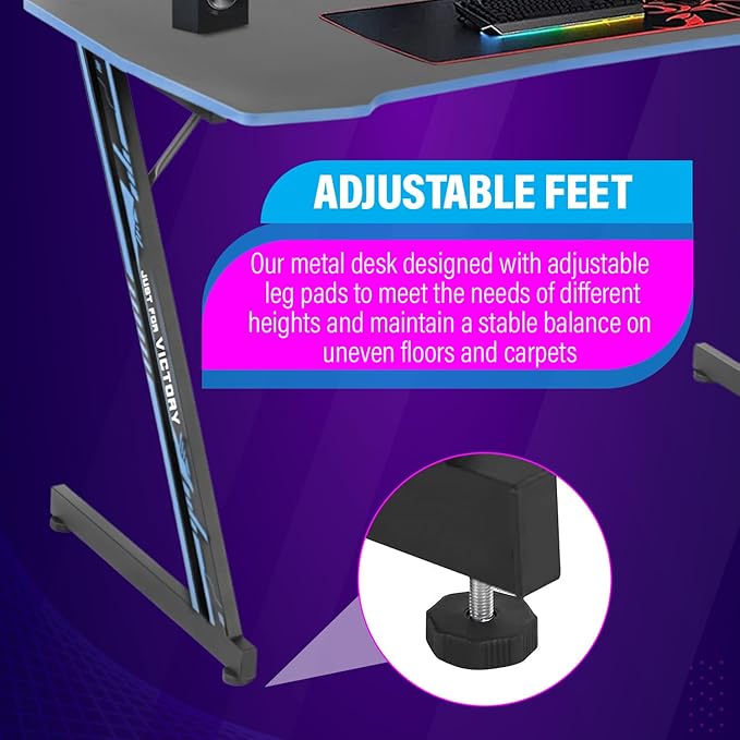 PayLessHere | 47 Gaming Table | Blue | Z-Shaped Computer Desk with Steel Frame Headphone Hook Adjustable Feet | Carbon Fiber Texture Surface Sweat &amp Waterproof | for Gaming Home Office
