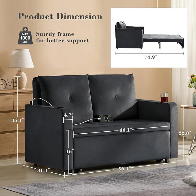 3 in 1 Pull Out Couch 56 Inch Velvet Sofa Bed Convertible Loveseat Sleeper Sofa for Living Room Small Space Upholstered Couch Bed with USB Cup Holder(Black)