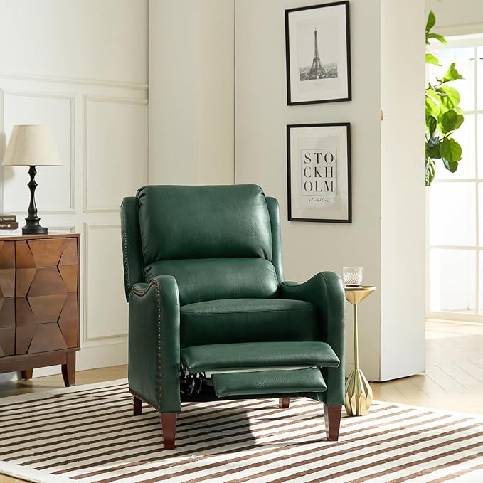 HULALA HOME Genuine Leather Recliner Chair Modern Push Back Recliner Armchair with Thick Seat Backrest &amp Footrest Nailhead Decor for Living Room Bedroom Green