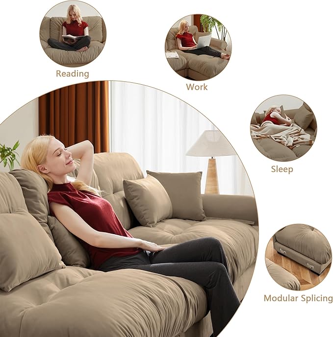 Setawix Modular Sectional Sofa Couch Oversized 6-Seats Comfy U-Shaped Couches with Ottoman Chaise Modern Deep Seat Velvet Cloud Sofa Bed for Living Room(Camel)