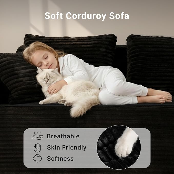 YDN 110 Boneless Couch Sofa Sectional Couches for Living Room Cloud Couch with Chaise Modular L Shaped Sofa Set Left Facing Chaise Black