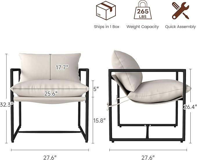 Modern Accent Chair with Armrest Set of 2 Cozy Upholstered Living Room Chair Square Metal Frame &amp Soft Sponge Cushion 28x28x32 Easy Assembly Beige
