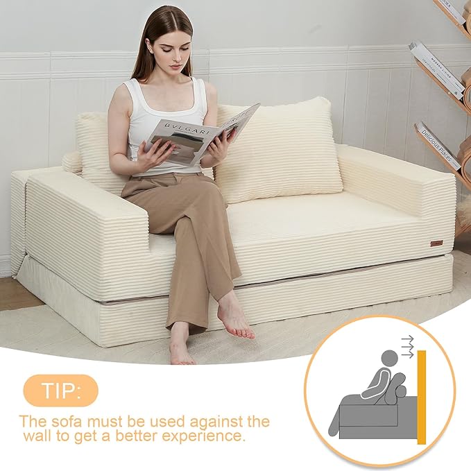 COMAX Convertible Sofa Bed Queen Folding Floor Couch Corduroy Boneless Sofa Pull Out Couch Bed Futon Sleeper with Pillows Fold Out Comfy Lounge Mattress Loveseat for Living Room Bedroom Beige