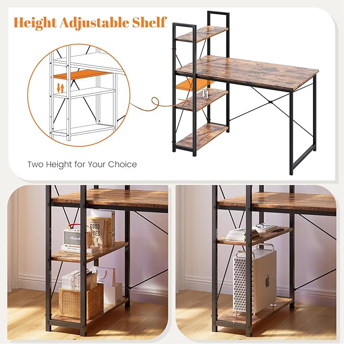 Rustic Brown Computer Desk with LED LightsOffice Desk Gaming Desk with Reversible Storage Shelves Study Table Sturdy Steel Frame for Small Space