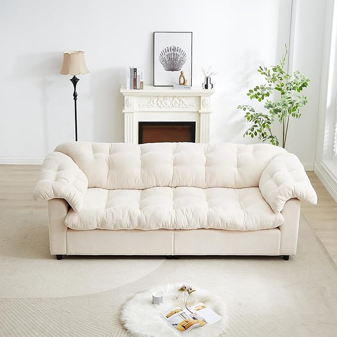 3-Seater Couch 94.8-inch Oversized Modern Comfy Tufted Chenille Fabric Cloud Fluffy Foam Deep Seat Soft Loveseat Sofa Couch for Living Room Bedroom Office Beige