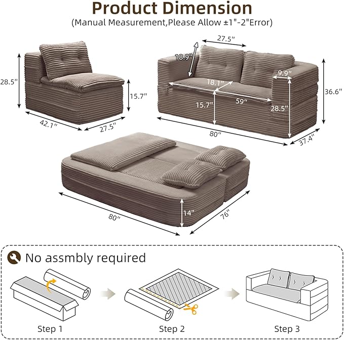Convertible Sleeper Sofa Bed with Chaise Lounge Set80 King Folding Mattress Cloud Floor Loveseat CouchCorduroy Boneless Sectional Couch for Living Room Bedroom ApartmentCoffee