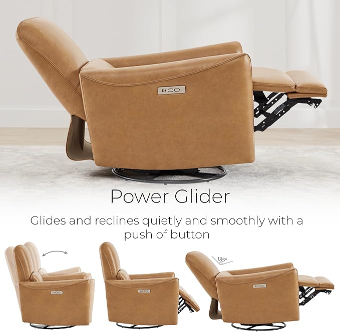 CHITA Power Recliner Chair Swivel Glider FSC Certified Upholstered Faux Leather Living Room Nursery Reclining Sofa Chair with Lumbar Support Cognac Brown