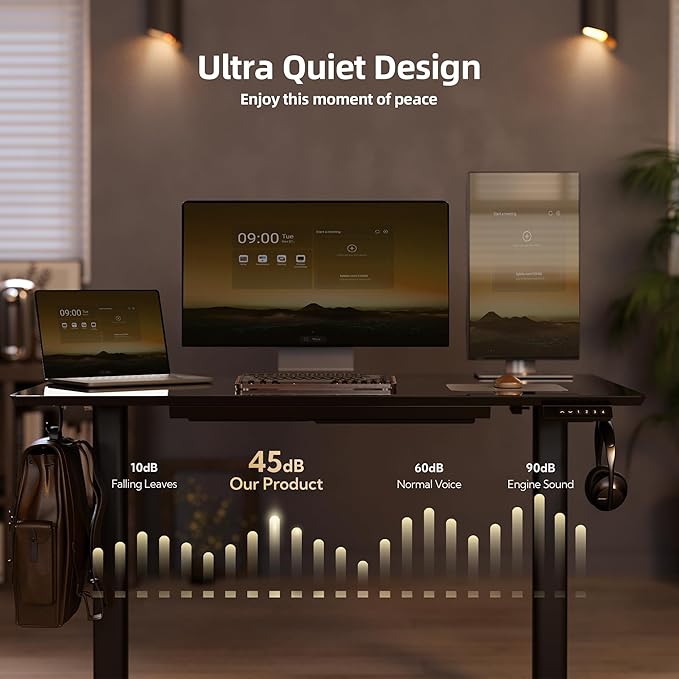 Claiks Glass Standing Desk with Drawers 48×24 Inch Electric Adjustable Height Stand Up Desk Quick Install Computer Desk Black
