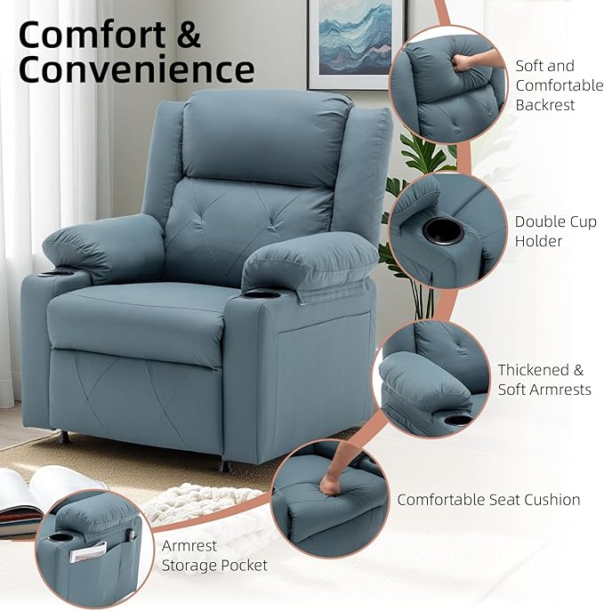 Power Recliner Chair with Vibration Massage &amp HeatUpholstered Faux Leather Single Reclining Sofa with Side Pockets Side Table for Living Room Home Theater (Blue)