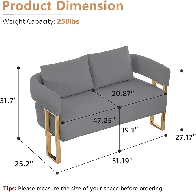51 Comfy Loveset Sofa Grey Small Teddy Love Seat Sofa Bedroom Mini Couch Living Room Side Chair with Gold Metal Legs for Dressing Area Reception Room Office (Grey)