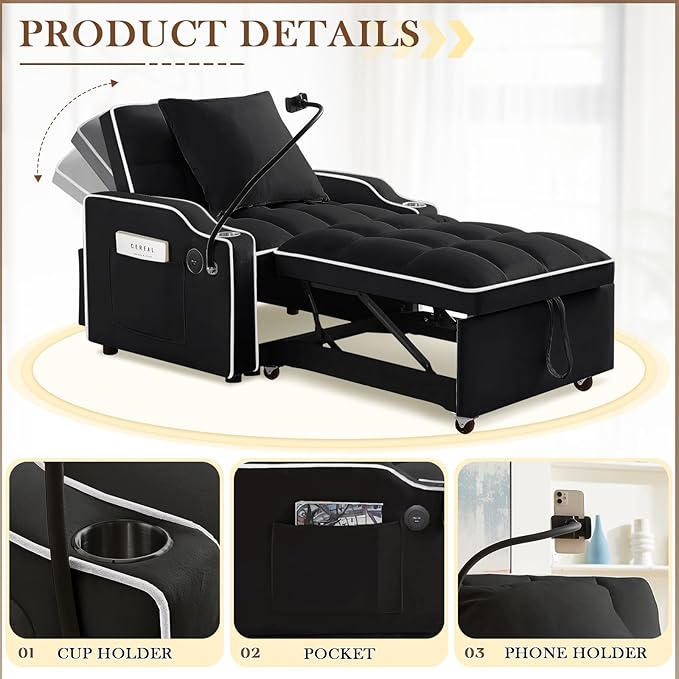 Convertible Sleeper Sofa Chair Bed 3 in 1 Tufted Velvet Pull Out Sleeper Chair with Adjustable Backrest &amp Phone Holder Modern Single Sofa for Living Room Small Spaces Apartment Black