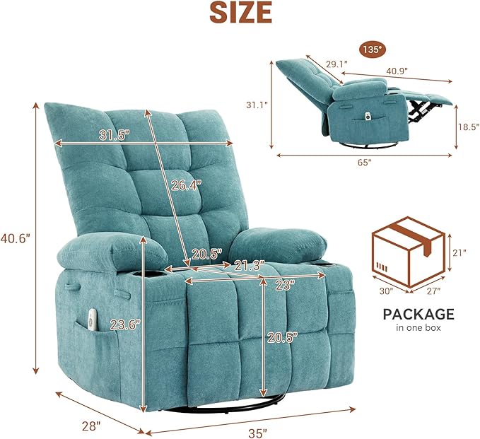 IDEALHOUSE Recliner Chair with Massage and Heat Swivel Rocker Recliner Chair with Side Pocket Cup Holders Ergonomic Rocking Sofa for Living Room Bedroom Light Blue