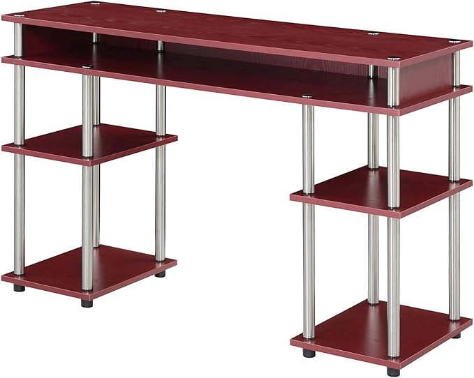 Convenience Concepts Designs2Go No Tools Desk Home Office Desk with Shelves Corner Shelf Vanity Desk Computer Desk Nail Table for Nail Tech - 47.25 L x 15.75 W x 30 H Dark Cranberry Red
