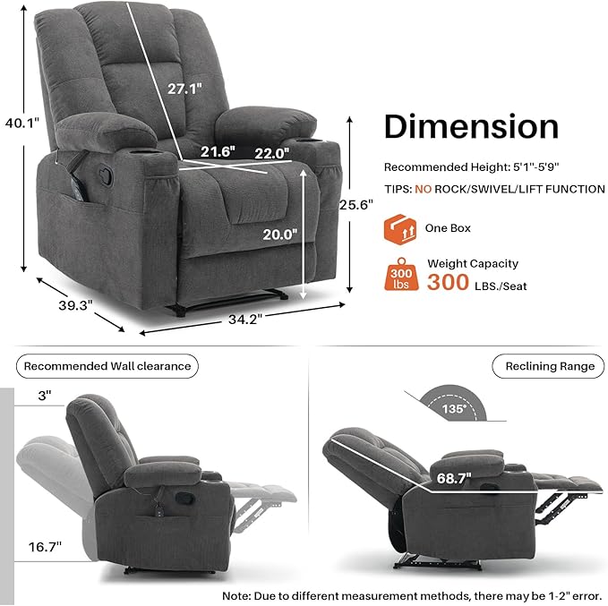 Recliner Chair with Massage and HeatChenille Recliner Sofa Chairs for AdultsWall Hugger Recliners for Living Room Reclining Armchairs with Cupholders Dark Gray