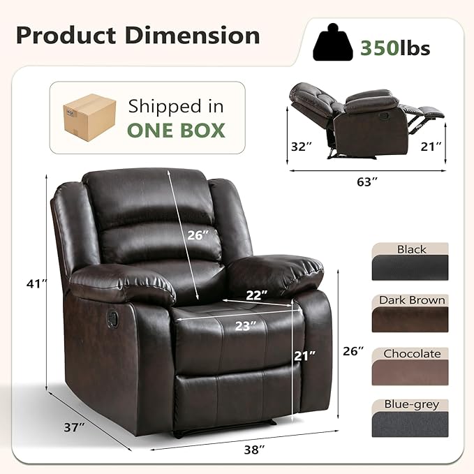 ANJ Manual Recliner Chair Breathable Faux Leather Reclining Chairs with Overstuffed Arm and Back Living Room Single Sofa Recliners (Dark Brown)