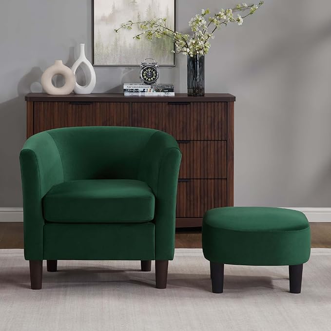 Green Swivel Accent Chair with Ottoman 360° Barrel Chairs with Foot Stool Comfy Reading Chair with Removable Pillow &amp 2 Armrest Covers for Living Room Small Spaces Bedroom (Dark Green)