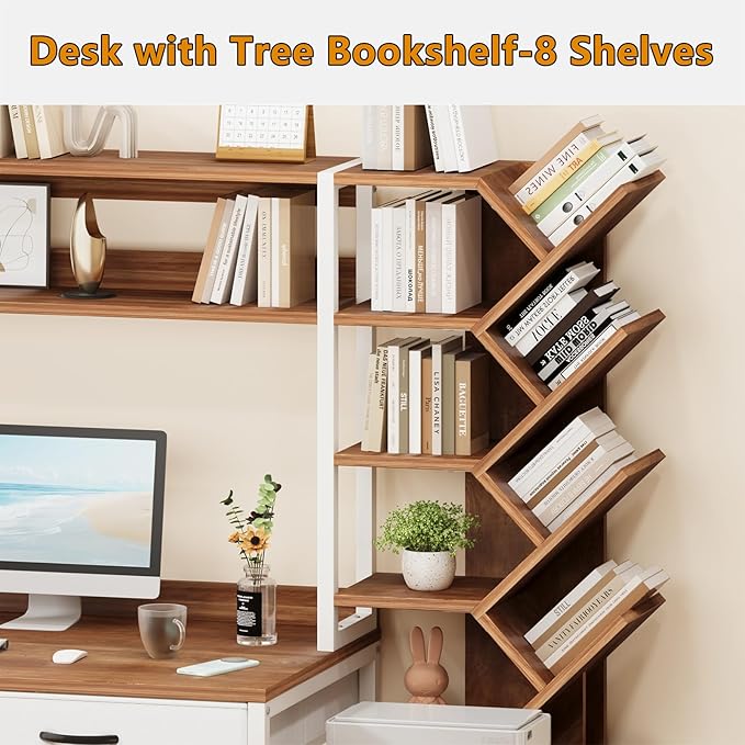 Reversible Computer Desk with Hutch Home Office Desk with 5 Drawers and Bookshelf 52'' Study Writing Desk with Storage Shelves for Bedroom Home Office Brown and White