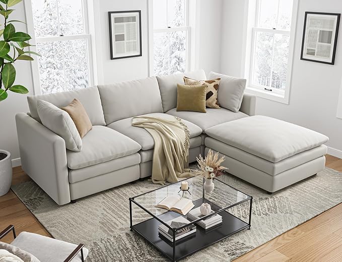Txtin's Cloud Couches for Living Room L Shaped Sectional Couch with Ottoman Deep Plush 4 Seats Sofa Modern Sofa for Apartment Light Grey