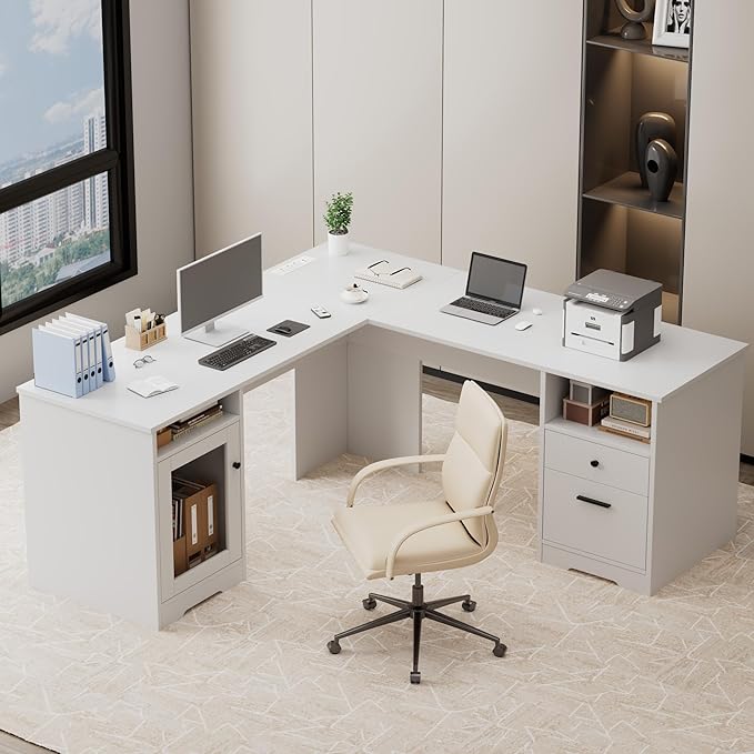 MU L Shaped Desk with File Drawer 60 Inch Corner Desk with Storage Drawers &amp Cabinet Large Home Office Table with Power Outlets Wood Executive Office Desk White