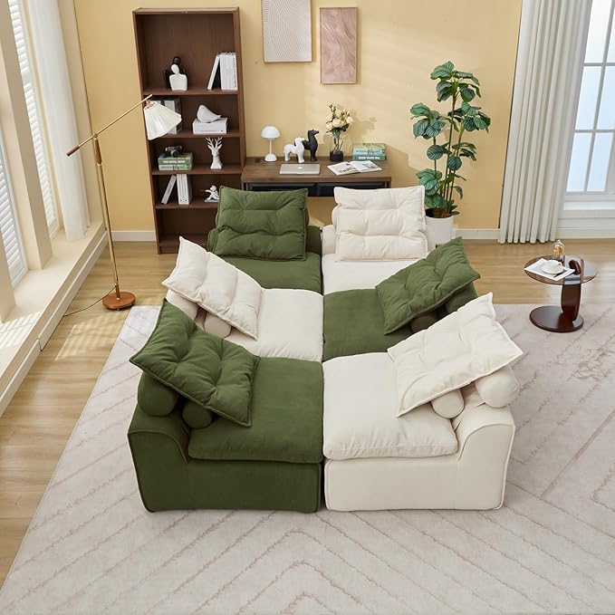 JUSTONE Modular Floor Sofa 2-Seater Armless Chair with Neck Pillow Soft Corduroy Fabric for Living Room Apartment Guest Room Beige