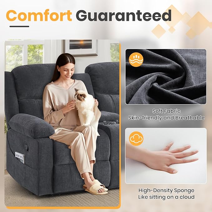 Loveseat Recliner Sofa with Massage &amp Heating Reclining Loveseat with Console RV Wall Hugger Double Loveseat Recliner Couch for Living Room &amp Home Theater (Chenille-Grey)