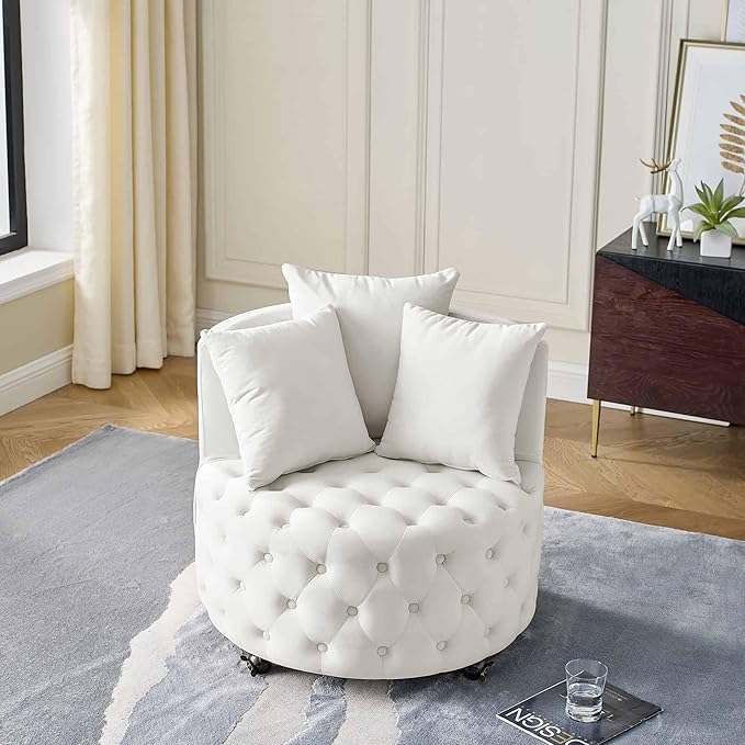 Velvet Upholstered Swivel Chair for Living Room with Button Tufted Design and Movable Wheels Including 3 Pillows Beige