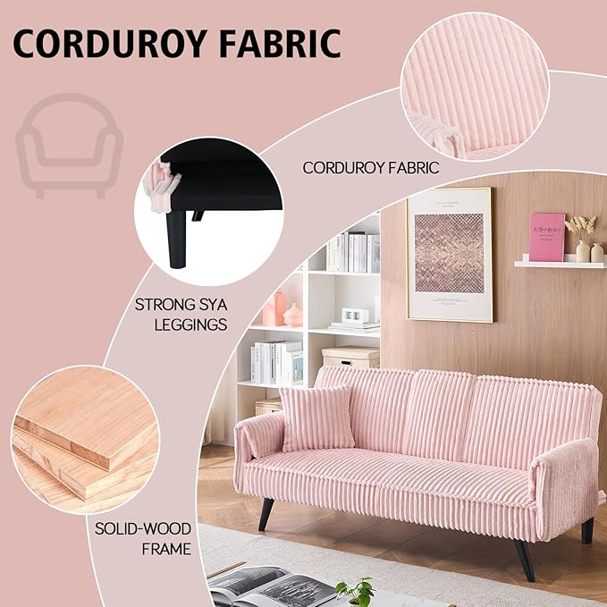 Anwick Futon Sofa Bed Modern Folding Couch for Small Space Corduroy Convertible Loveseat Sleeper Bed Daybed Recliner Lounge Sofas for Living Room2 Cup HoldersMetal LegsRemovable Armrests (Pink I)