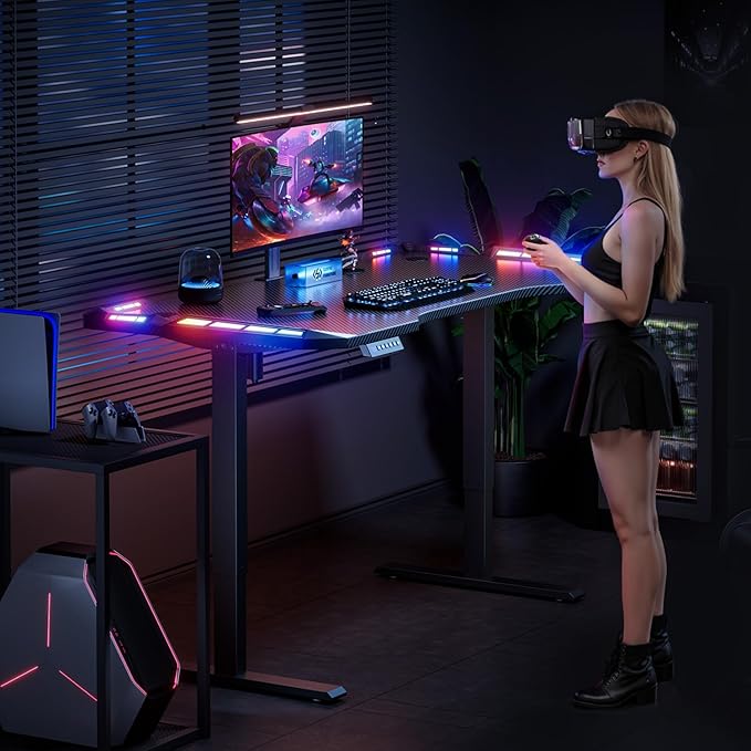 HLDIRECT Gaming Standing Desk with LED Lights 47 Inch Electric Height Adjustable Table with Headphone Hook Carbon Fiber Surface Sit Stand Gamer Desk Computer Workstation for Bedroom Home Black
