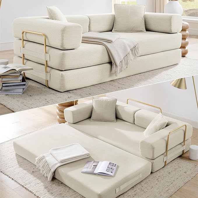 HANXIN 78 Inch Convertible Sleeper Sofa Bed Folding Floor Mattress Couch with Fixed-Shape Frame Futon Boneless Couch Lounge Loveseat with Pull Out Bed No Assembly Required (Beige)