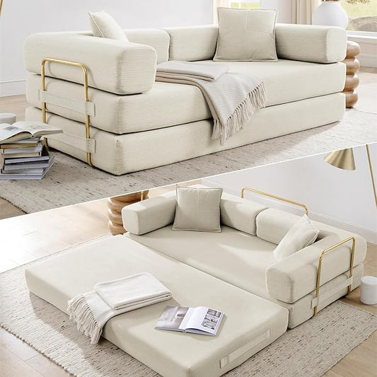 HANXIN 78 Inch Convertible Sleeper Sofa Bed Folding Floor Mattress Couch with Fixed-Shape Frame Futon Boneless Couch Lounge Loveseat with Pull Out Bed No Assembly Required (Beige)