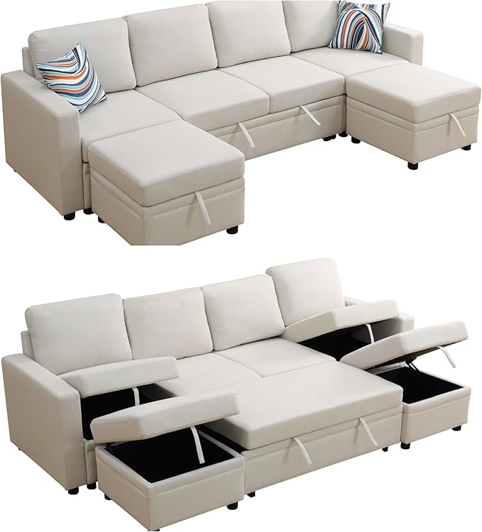 102 Inch Pull Out Couch Convertible Sofa Bed for Living Room Comfortable Sleeper Sofa with Pull Out Bed Modern Sectional Couches with Ottoman Storage Easy Assembly for Apartment Off-White