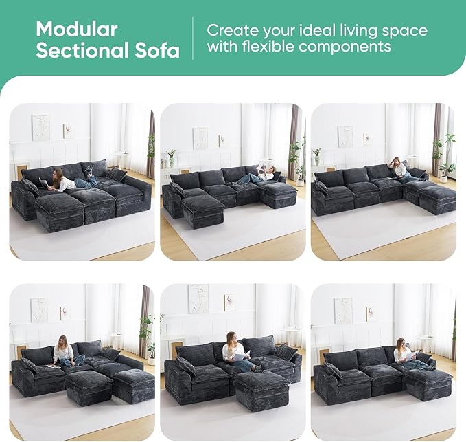 145 Cloud Sectional CouchOversized U Shaped Boneless Couch with OttomanDeep Seat Modular Sectional Sofa for Living Room with Side Pockets No AssemblyCorduroyGrey