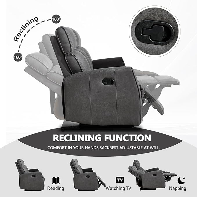 EBELLO Manual 3 Seat Reclining Sofa Couch Wall-Hugger 3-Seater Recliner Sofa with Overstuffed Backrest Soft Fabric Reclining Sofa Set for Living Room Office Apartment Grey