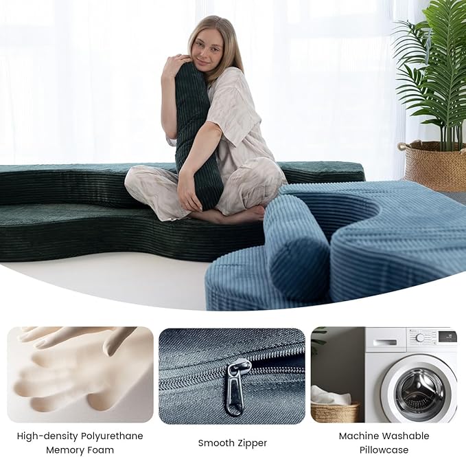 75 Folding Sofa Bed Convertible Futon Twin Size Sleeper Couch Washable Velvet Corduroy Cover &amp High-Density Foam 2-in-1 Floor Mattress No Assembly for Living Room/Dorm Green