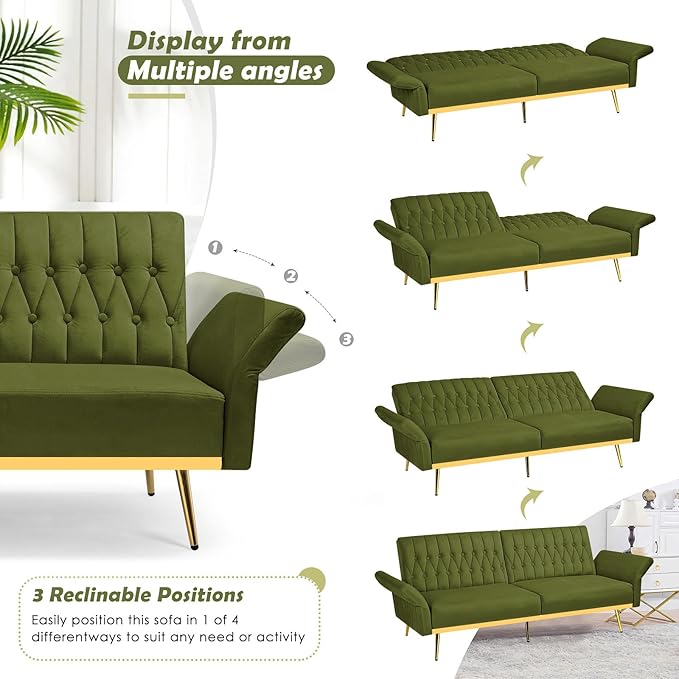 70 Velvet Futon with Adjustable Backrest and Armrests Sofa Bed with Extra Pillows for Waiting Room Living Room and Office Olive Green